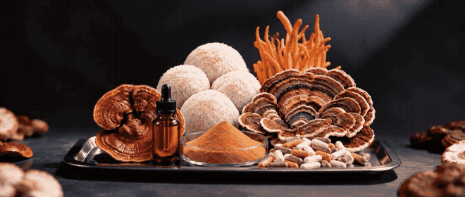 Freshly harvested Cordyceps, Lion's Mane, Reishi and Turkey Tail mushroom ingredients on display